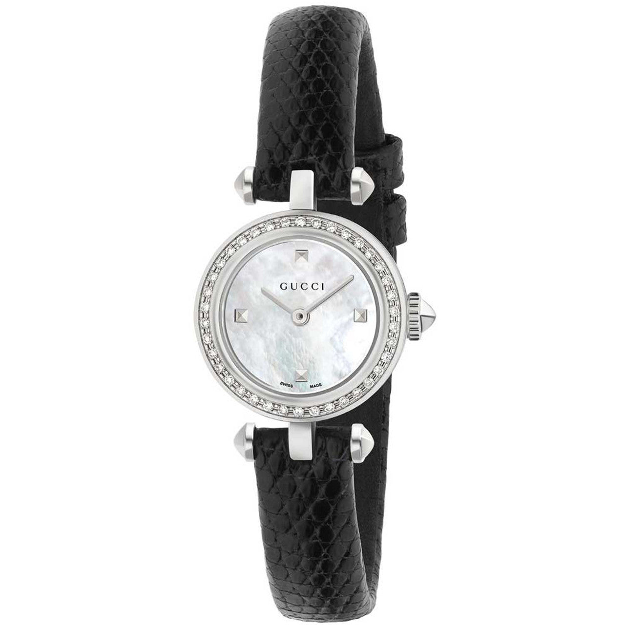 Gucci Diamantissima 22MM women's watch with white mother of pearl dial and black leather strap
