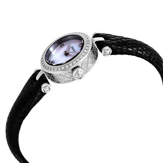 Gucci Diamantissima 22MM watch worn on wrist with mother of pearl dial and diamond bezel