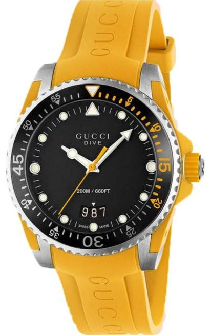 GUCCI Dive 40MM watch with black dial, yellow rubber strap, stainless steel case, and rotating bezel