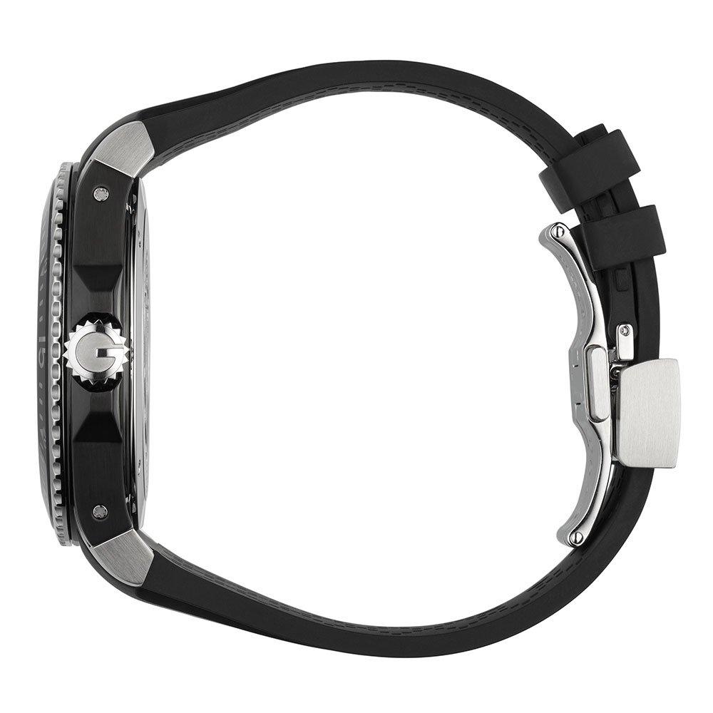 Gucci Dive watch showing black rubber strap and fold-over clasp