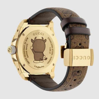 Gucci Dive Doraemon YA136334 caseback showing Doraemon character engraving and gold PVD finish