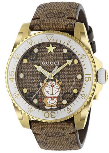 Gucci Dive Doraemon YA136334 gold PVD watch with brown canvas dial and Doraemon character