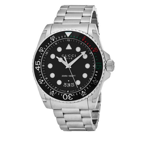 Gucci Dive XL stainless steel watch with black dial and rotating bezel