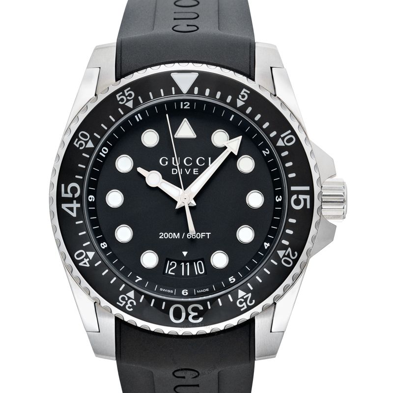 GUCCI Dive 45MM quartz watch with stainless steel case, black dial with dot indices, and black rubber strap