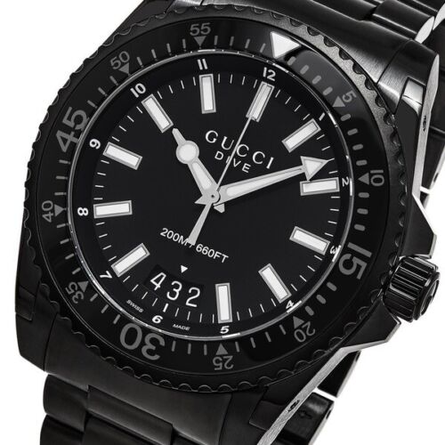 Gucci Dive watch at angle showing black stainless steel case and dial