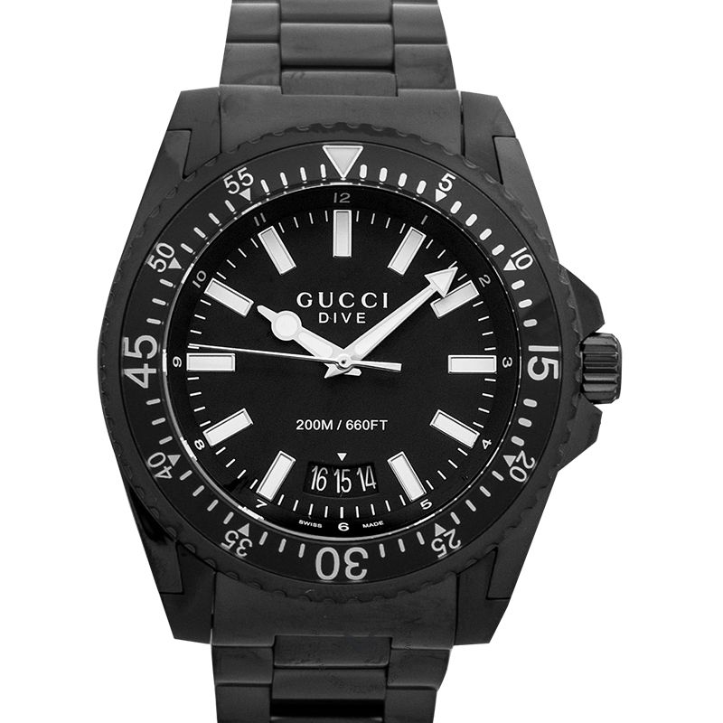 Gucci Dive black dial watch with white hour markers and rotating bezel