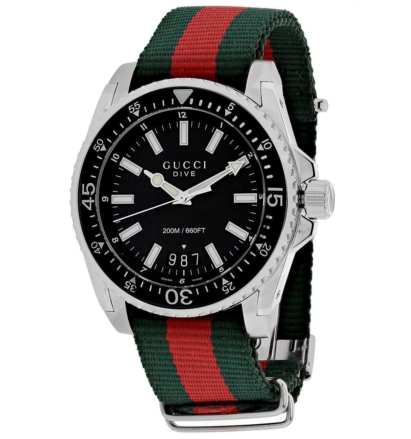 Gucci Dive YA136206 men's watch with black dial, silver case, and green-red striped NATO strap