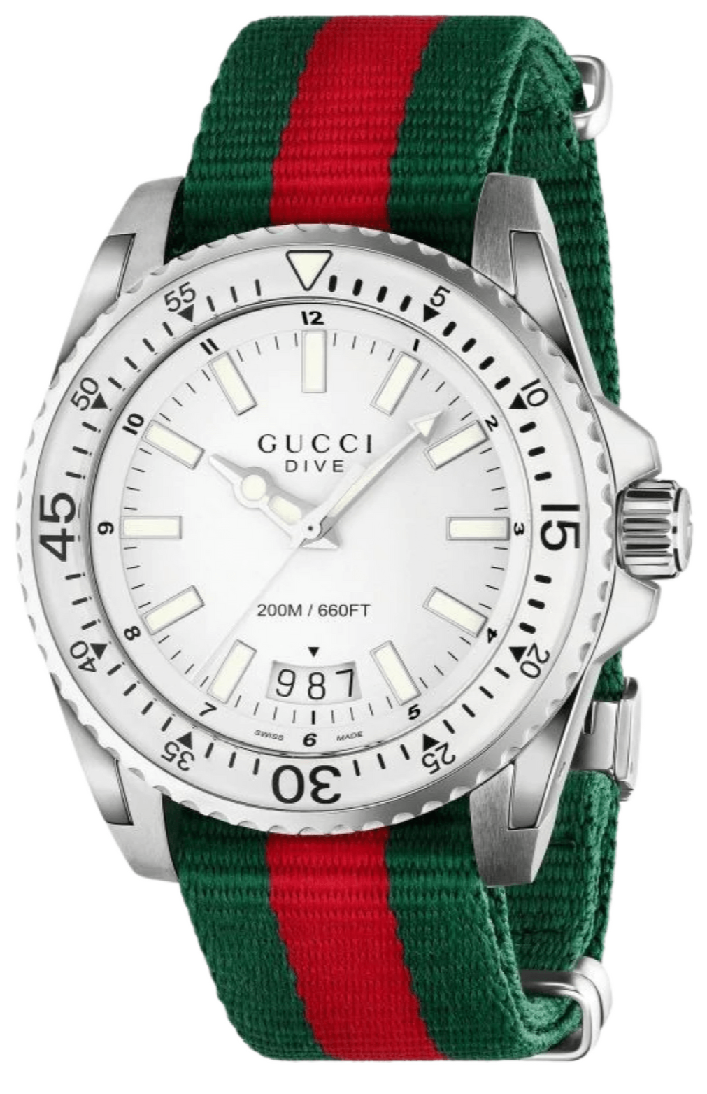 Gucci Dive YA136207 watch showing silver stainless steel case and striped nylon strap from angled view