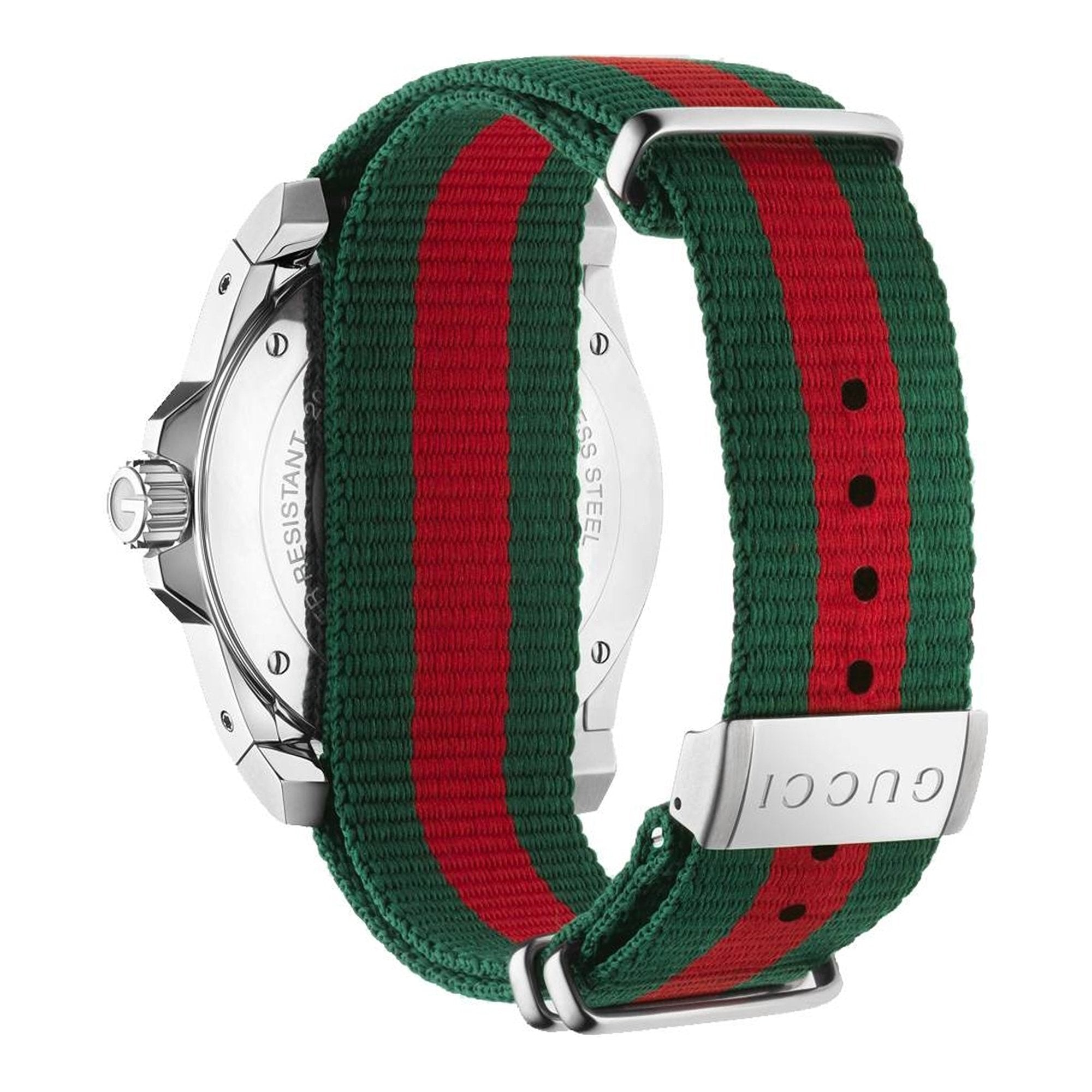 Gucci Dive YA136207 men's watch worn showing silver dial and green-red striped strap on wrist