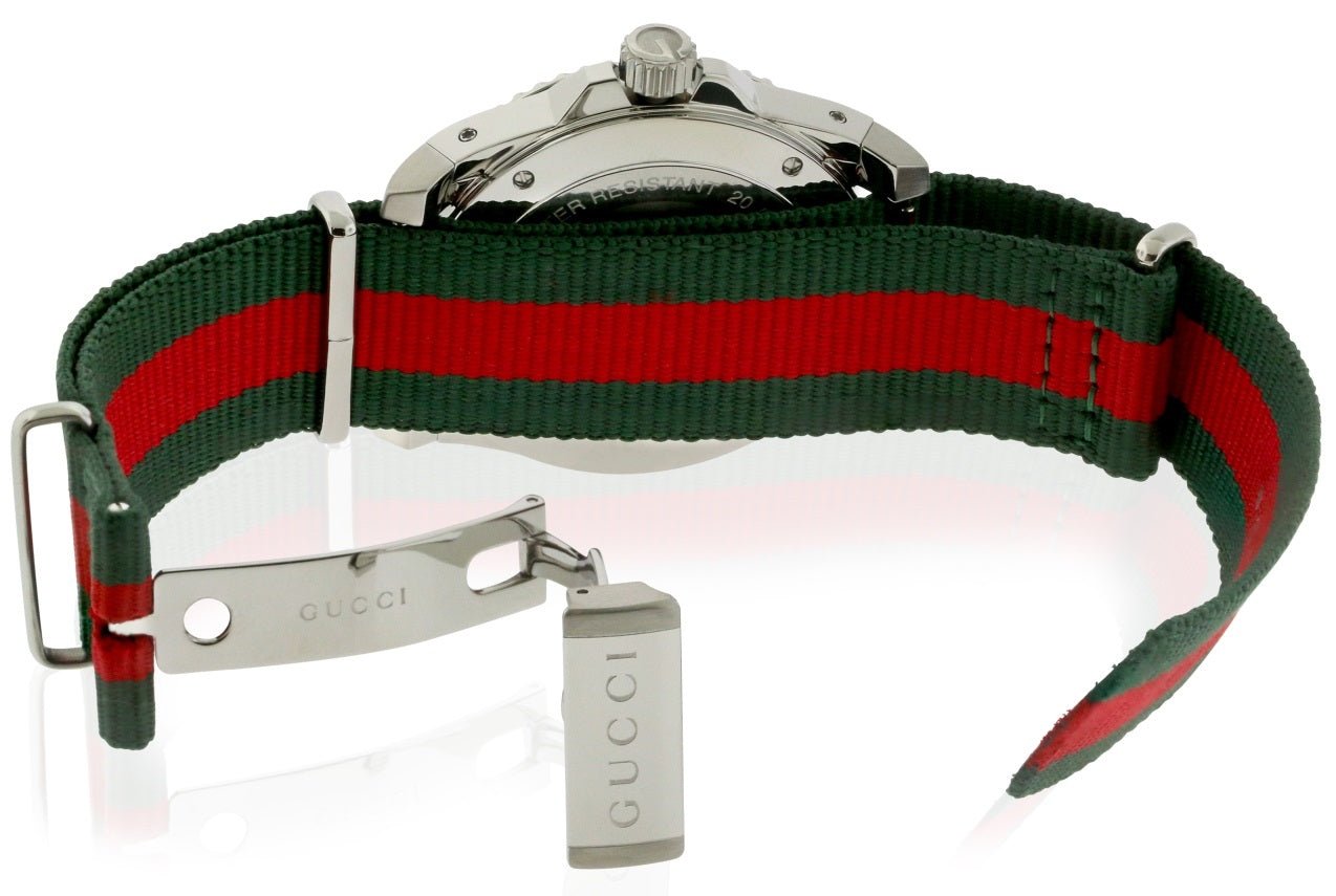 Gucci Dive YA136207 watch with nylon strap detail and stainless steel case elements