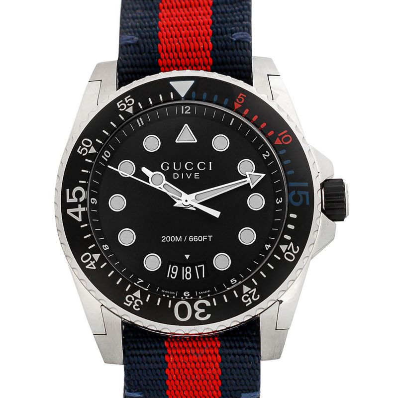 Gucci Dive men's watch with black dial, white hour markers, and blue/red striped nylon strap