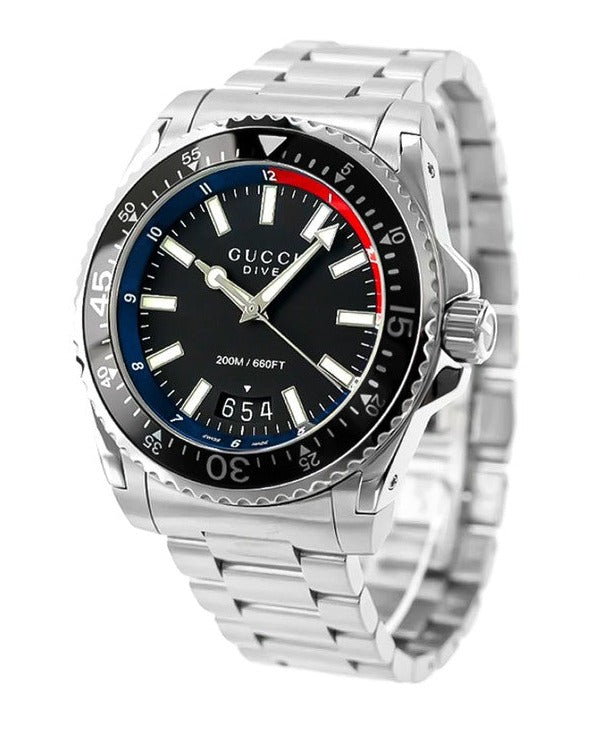 Gucci Dive YA136212 angled view showing silver steel bracelet and black dial with luminous hands