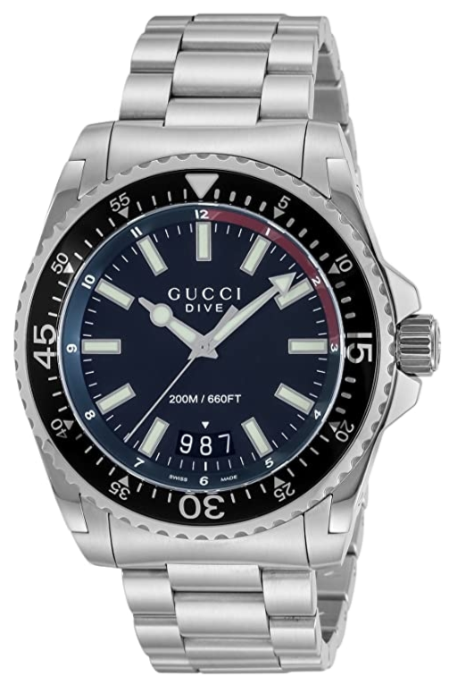Gucci Dive YA136212 men's watch with black dial, silver steel bracelet, and rotating bezel