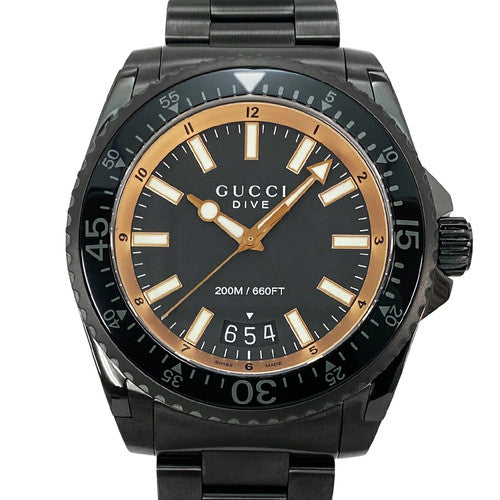 Gucci Dive quartz watch with black dial, rose gold hands, black steel case and bracelet