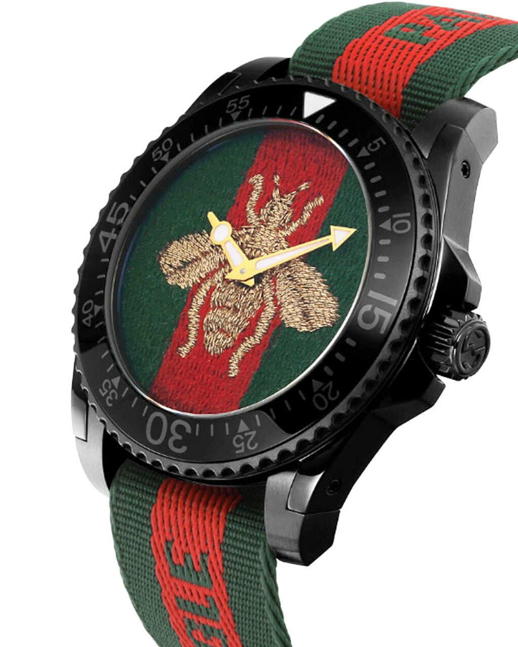 Three-quarter view of Gucci Dive watch with embroidered bee motif and green red Web-striped nylon band