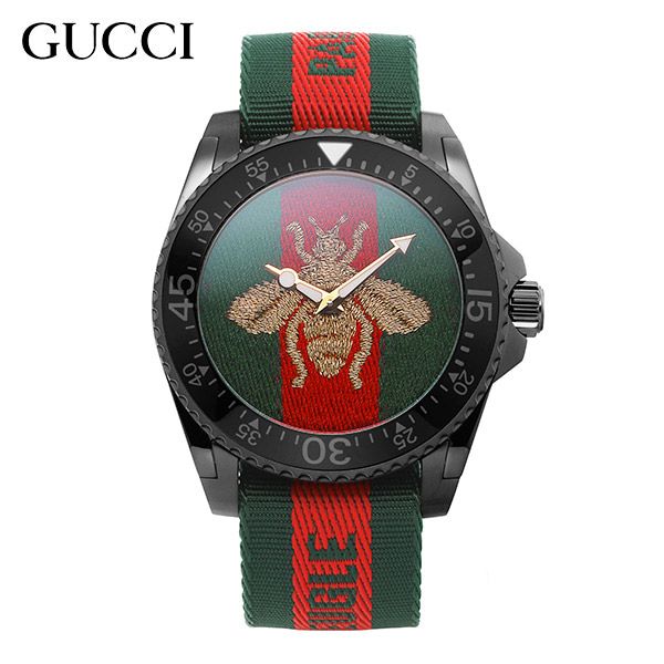 Gucci Dive watch with embroidered bee motif, green and red dial, black case, and signature Web strap