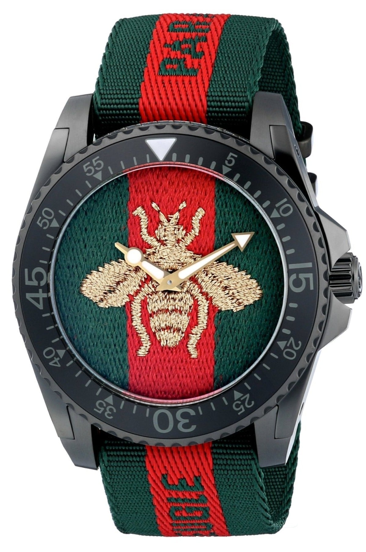 Gucci Dive YA136216 watch with black case, green and red dial featuring gold embroidered bee, and striped nylon strap