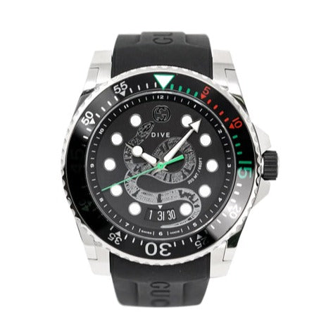 Gucci Dive YA136217 dive watch with rotating bezel and black kingsnake dial detail