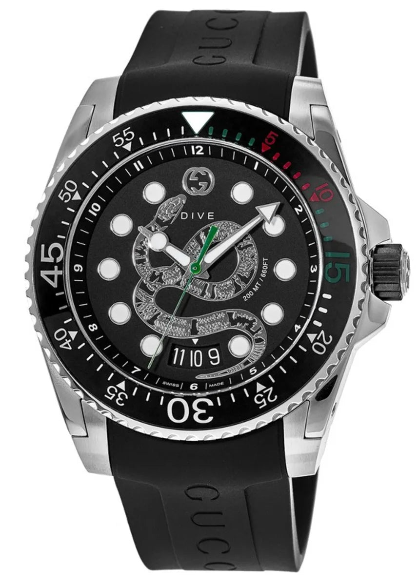 Gucci Dive YA136217 stainless steel watch with black kingsnake dial and black rubber strap