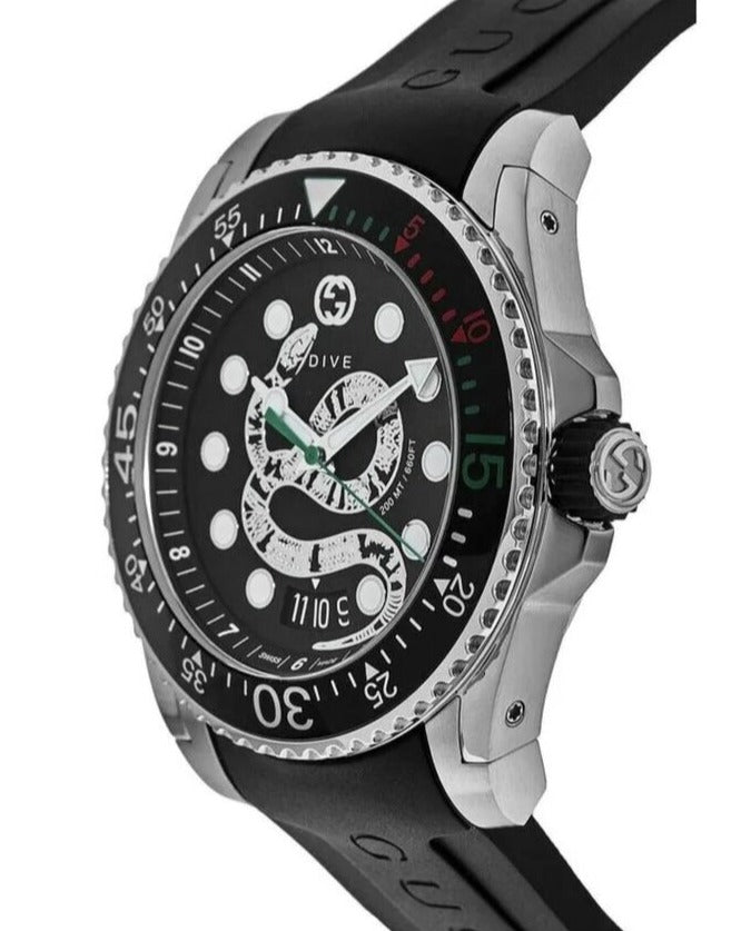 Gucci Dive YA136217 side profile showing stainless steel case and crown with black strap