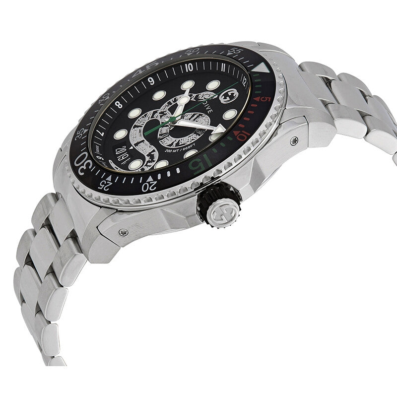 Gucci Dive 45mm watch shown from side angle with stainless steel bracelet and black dial with snake motif