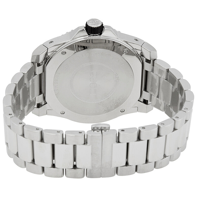 Gucci Dive 45mm watch caseback view showing stainless steel back with engraving and bracelet