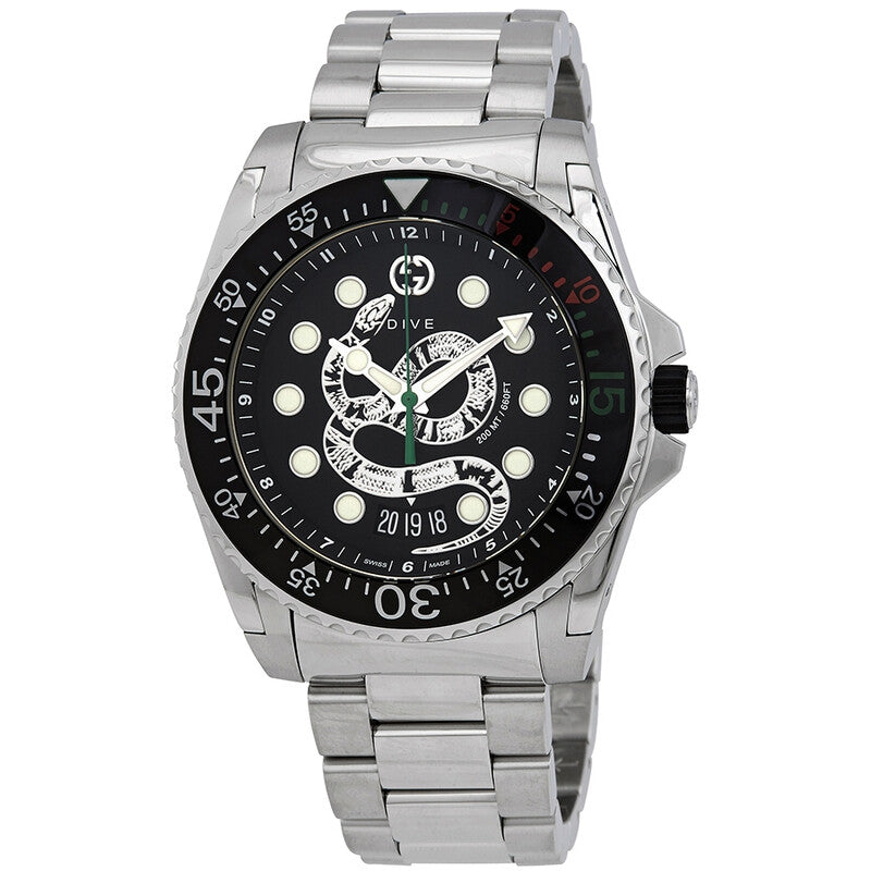 Gucci Dive 45mm men's watch with black snake dial, stainless steel case, white hour markers, and rotating bezel