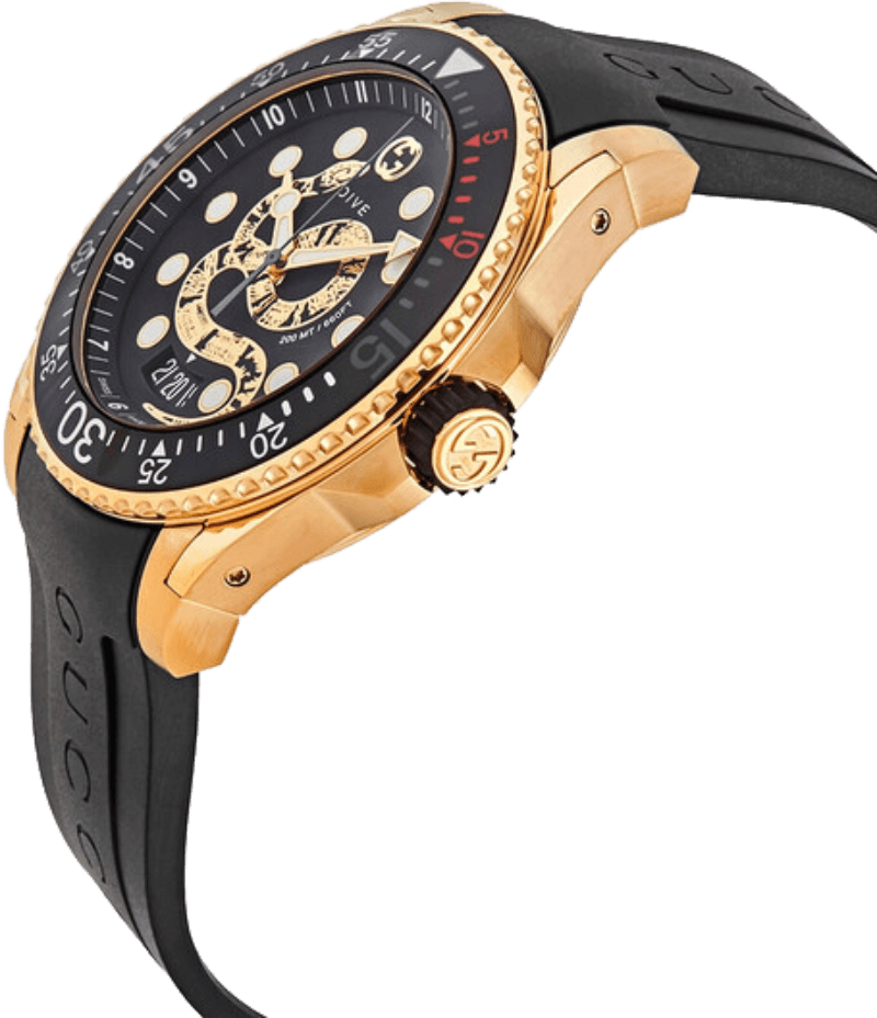 Side angle view of Gucci Dive watch showing gold case, black dial, and black rubber strap