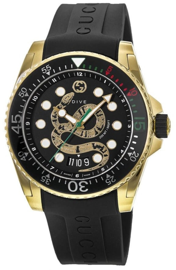 Gucci Dive men's quartz watch with black skeleton dial, gold-plated case, and black rubber strap