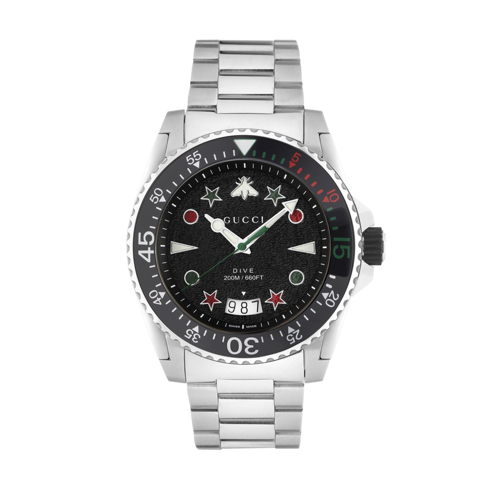 Gucci Dive 45mm watch with black dial, stainless steel bracelet and bee and star design
