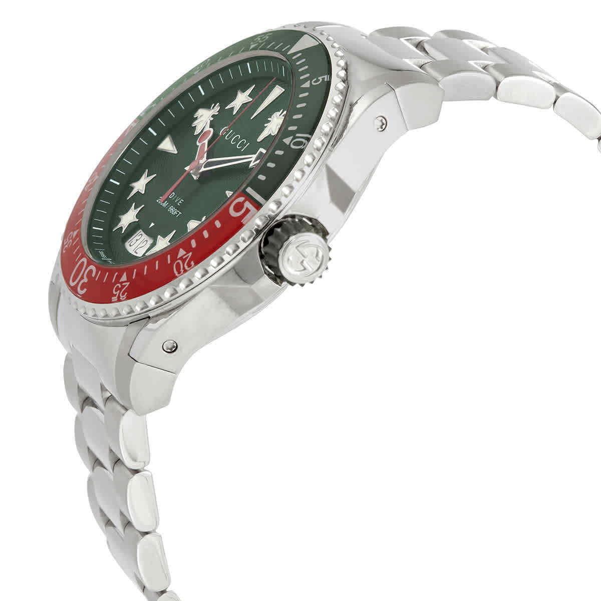 Gucci Dive watch angled view showing profile with steel case and bracelet