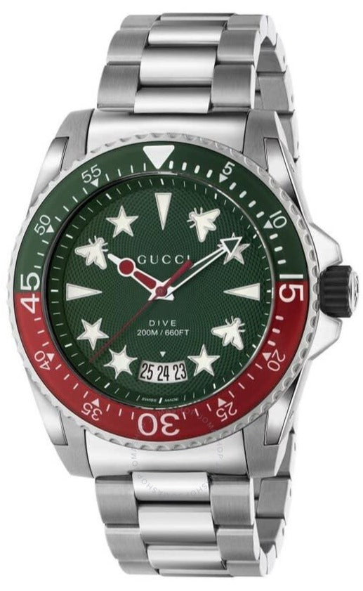 Gucci Dive 45mm watch with green dial, star markers, red bezel, and steel bracelet