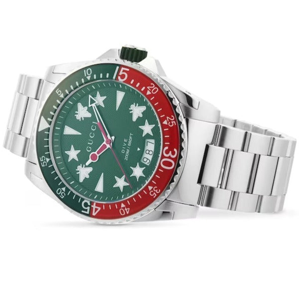 Gucci Dive 45mm watch with green dial and red rotating bezel from side angle