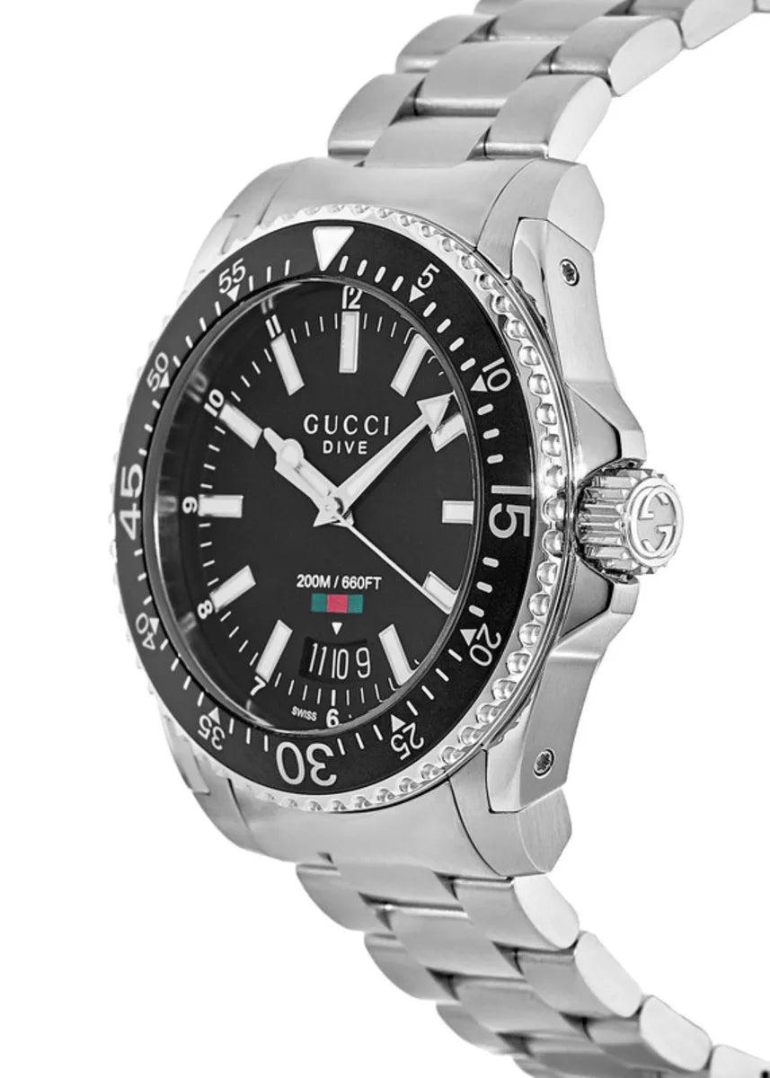 Gucci Dive watch angled view showing black dial and stainless steel bracelet