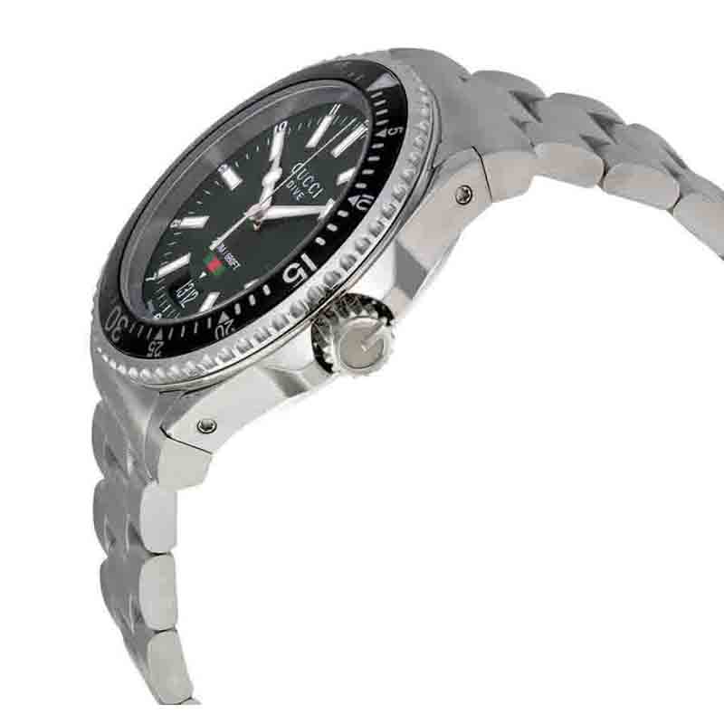 Gucci Dive watch side view with crown and stainless steel links