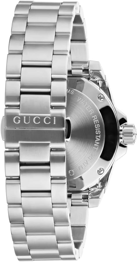 Angled view of Gucci Dive watch displaying case, bezel, and stainless steel bracelet
