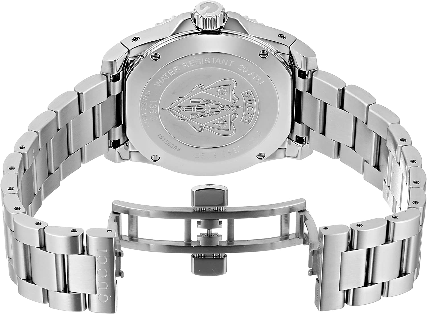 Gucci Dive watch case back and bracelet detail on white background