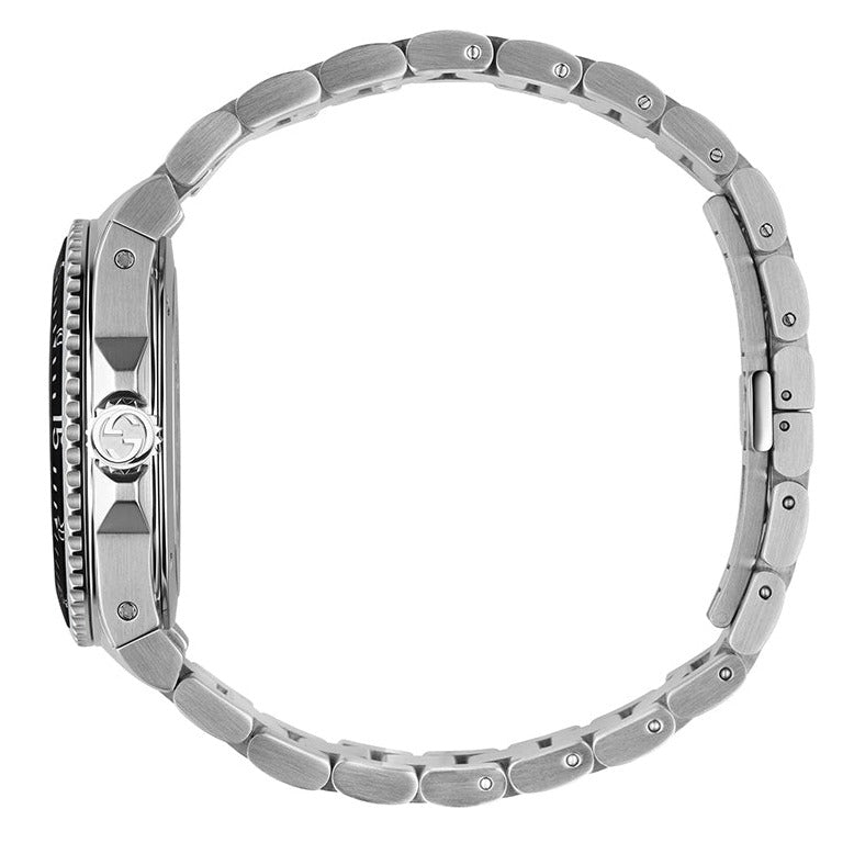 Side view of Gucci Dive watch showing stainless steel bracelet and case profile
