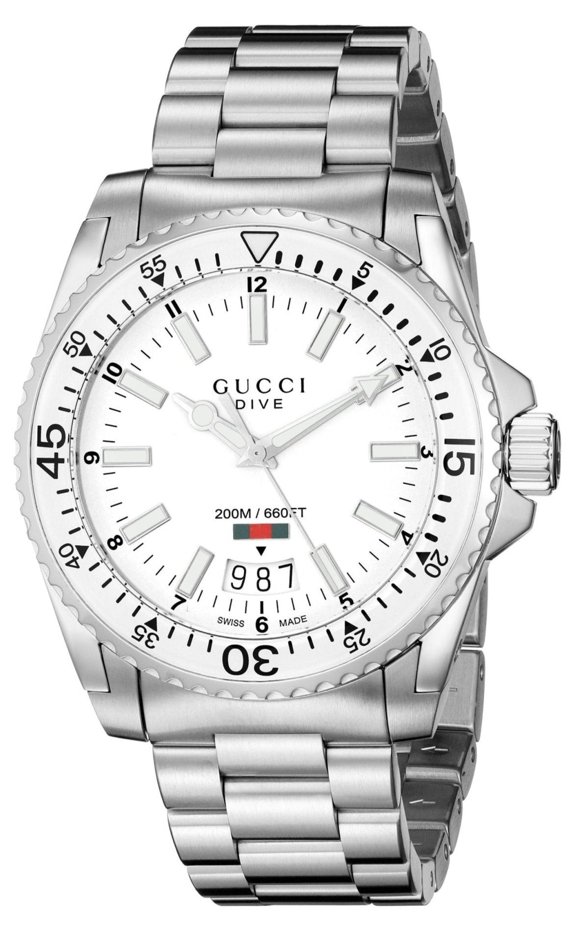 Gucci Dive silver men's watch with white dial and steel bracelet