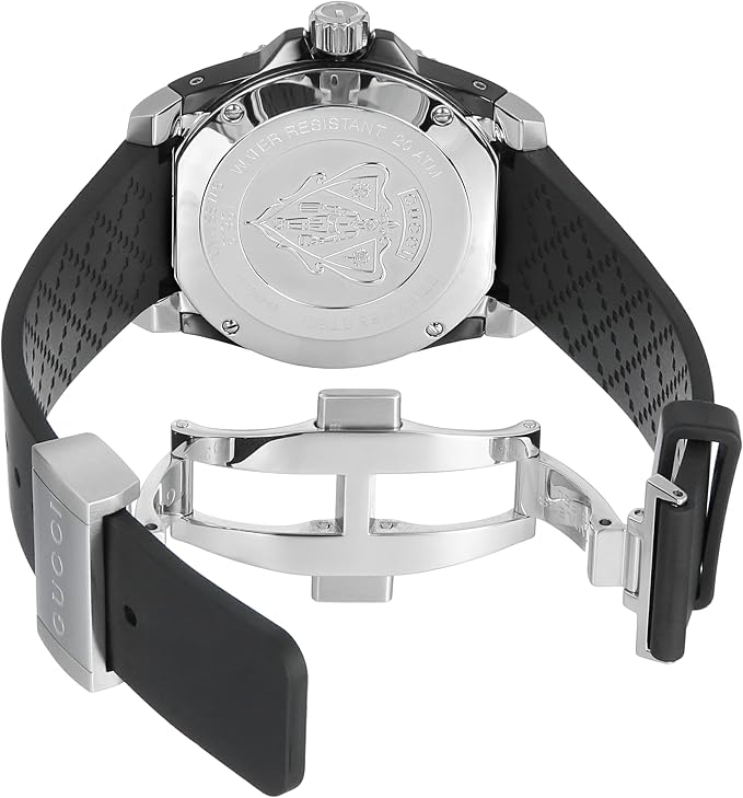 Gucci Dive watch caseback and strap detail with stainless steel case construction