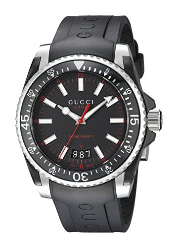 Gucci Dive men's watch with stainless steel case, black dial, and black rubber band