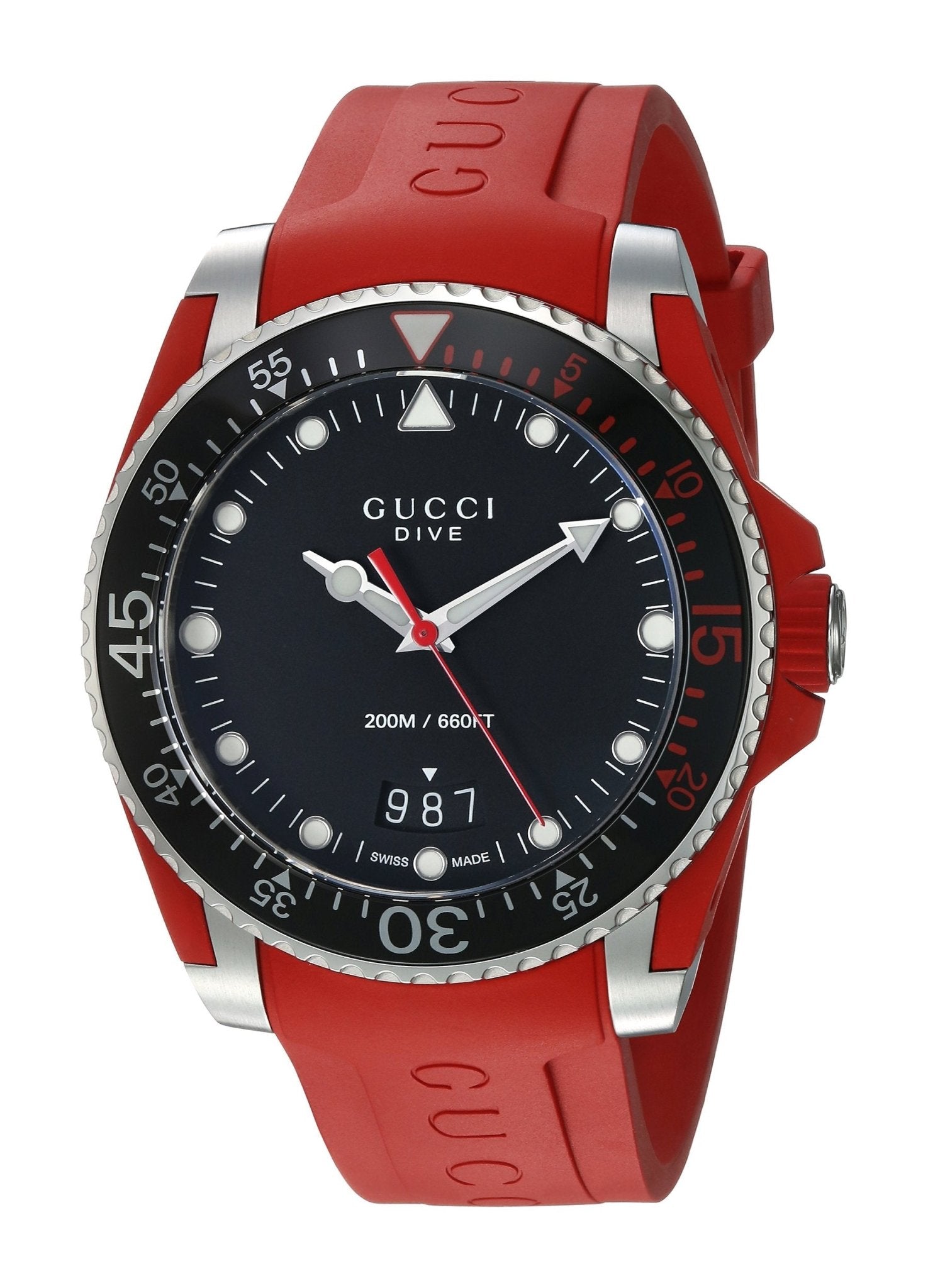Gucci Dive men's watch with black dial, red rubber strap, and rotating bezel