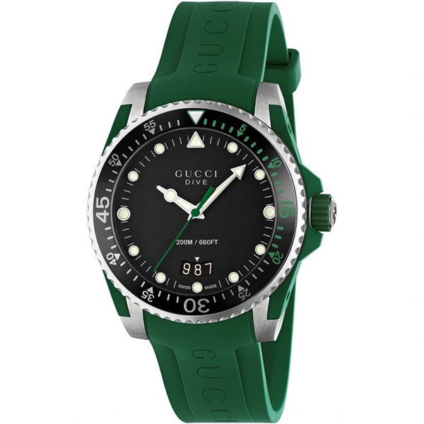 Gucci Dive watch three-quarter view showing black dial, green strap, and steel case