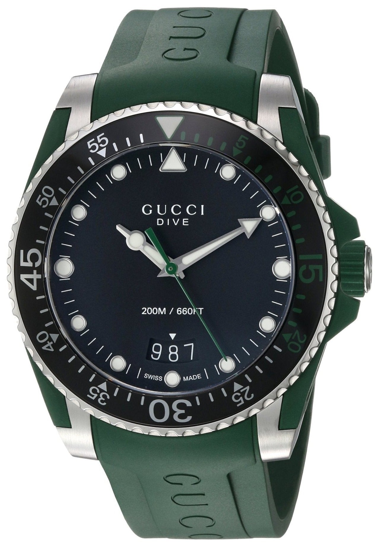 Gucci Dive men's watch with black dial, green rubber strap, and stainless steel bezel