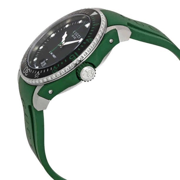 Gucci Dive watch side profile with green rubber strap and stainless steel case lugs