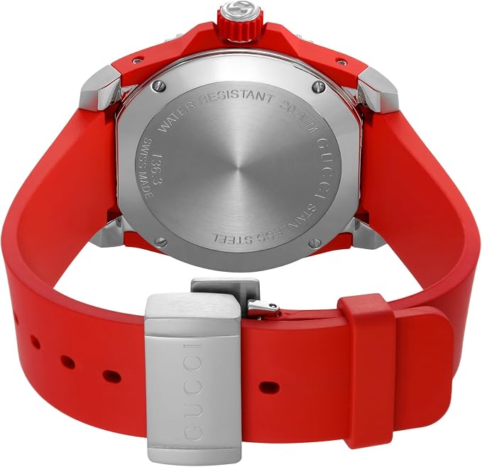 Gucci Dive watch caseback showing water-resistant engraving and red rubber strap