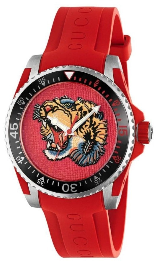 Gucci Dive watch front view with red embroidered tiger dial and red rubber strap