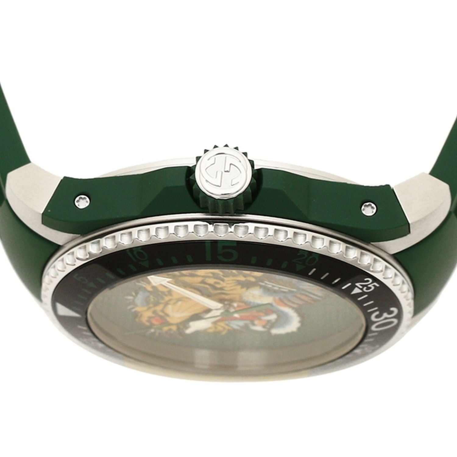 Gucci Dive YA136316 caseback showing green rubber strap and stainless steel crown