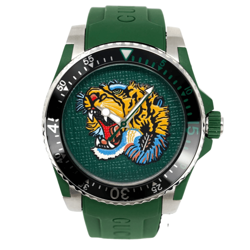Gucci Dive YA136316 green quartz watch with tiger embroidered dial and green rubber strap