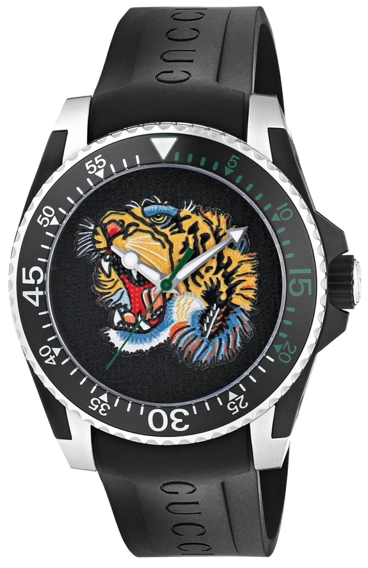 Gucci Dive 40mm watch with black dial, stainless steel case, and angry tiger motif on black rubber strap